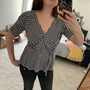 Express gingham peplum top with tie belt